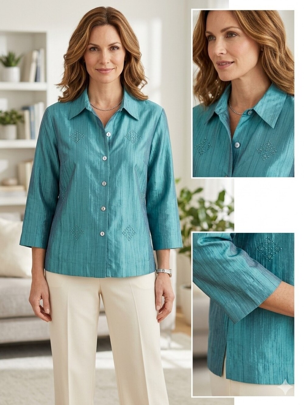 Coldwater Creek Slubby Silk Button Up XL